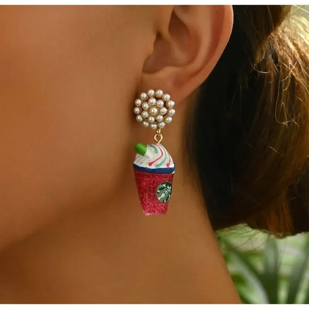 Fun Novelty Faux Pearl Textured Frappuccino Coffee Theme Stud Dangle Earrings